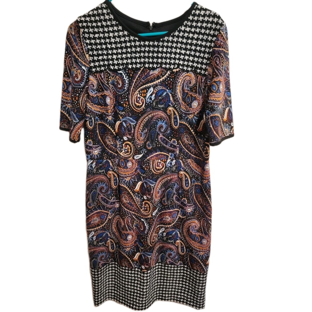 Shelby & Palmer Dress 14 Mixed Media Paisley Houndstooth‎ Sheath Career Stretch